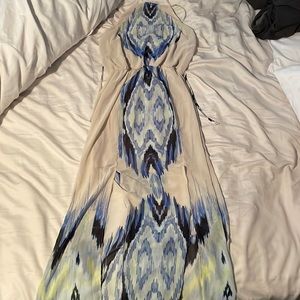 Beige sundress with blue and green pattern